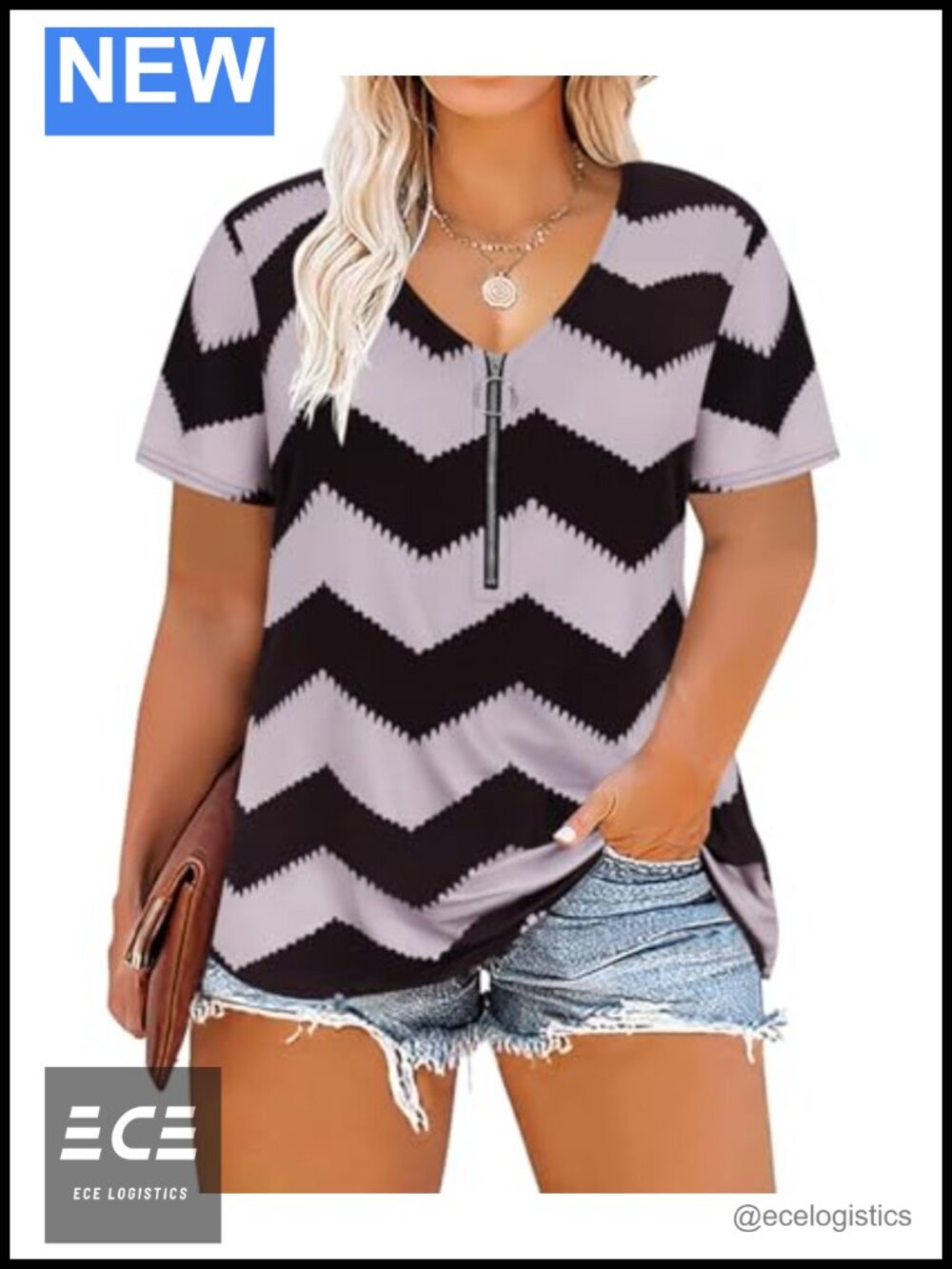 Plus Size Womens Zip V Neck Short Sleeve Tunic Top Casual Loose Fit Shirt